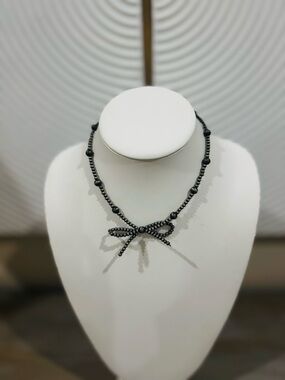 Black Beaded Bow Choker Necklace